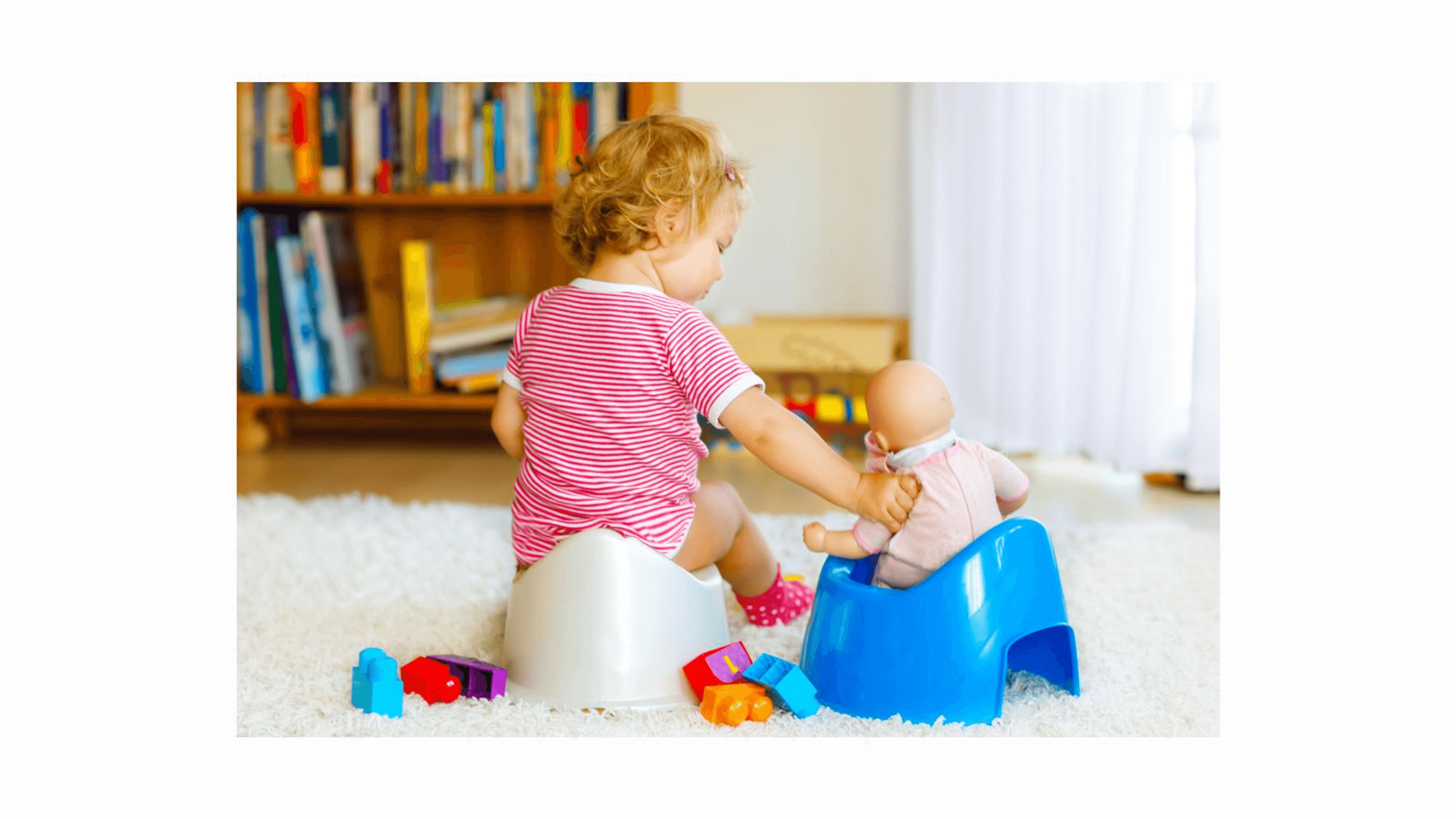 Child on a potty holding a doll on a potty
